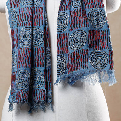Blue - Bengal Kantha Embroidery Block Printed Silk Handloom Stole
