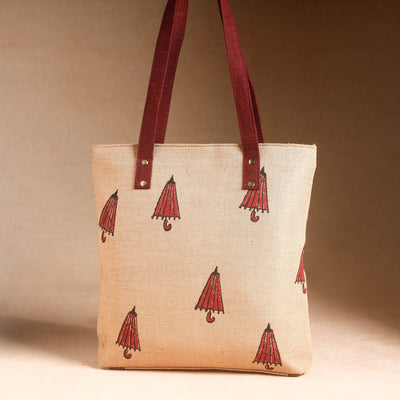 Beige - Handcrafted Sanganeri Printed Leather Hand Bag