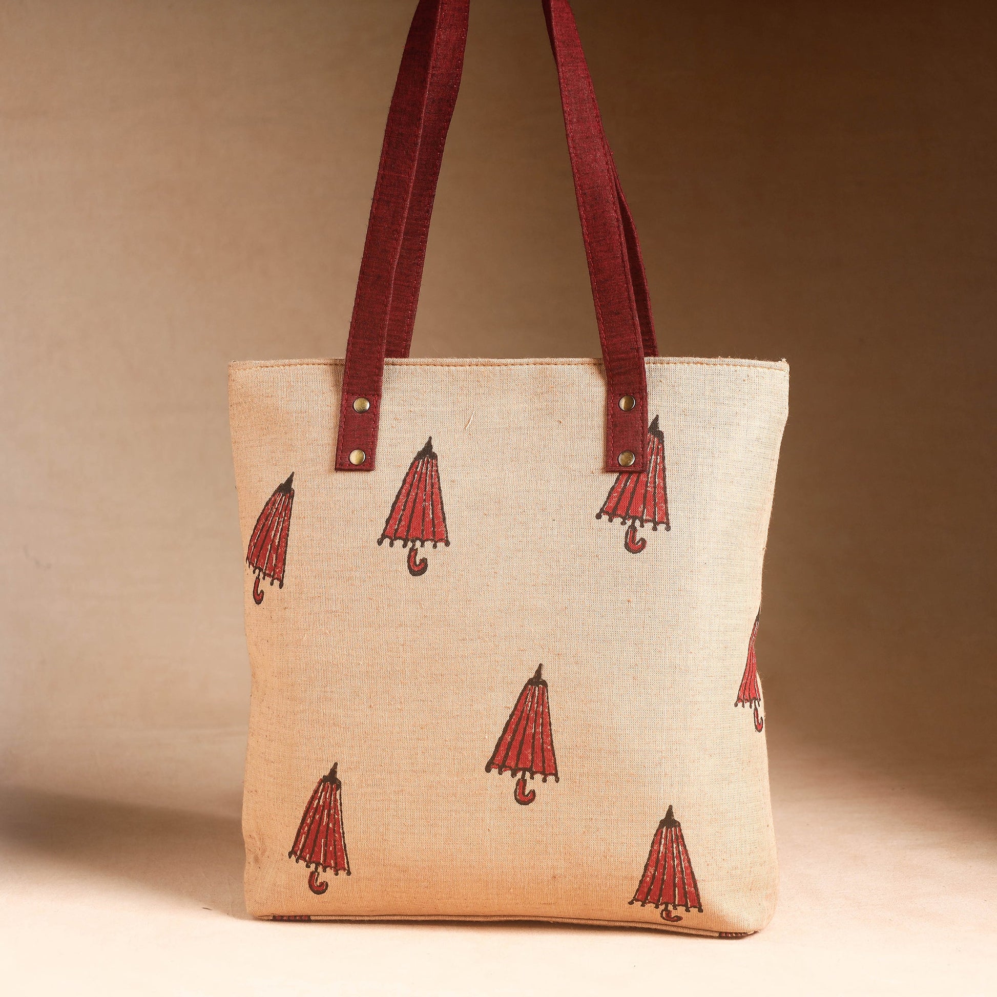 Beige - Handcrafted Sanganeri Printed Leather Hand Bag