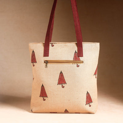 Beige - Handcrafted Sanganeri Printed Leather Hand Bag