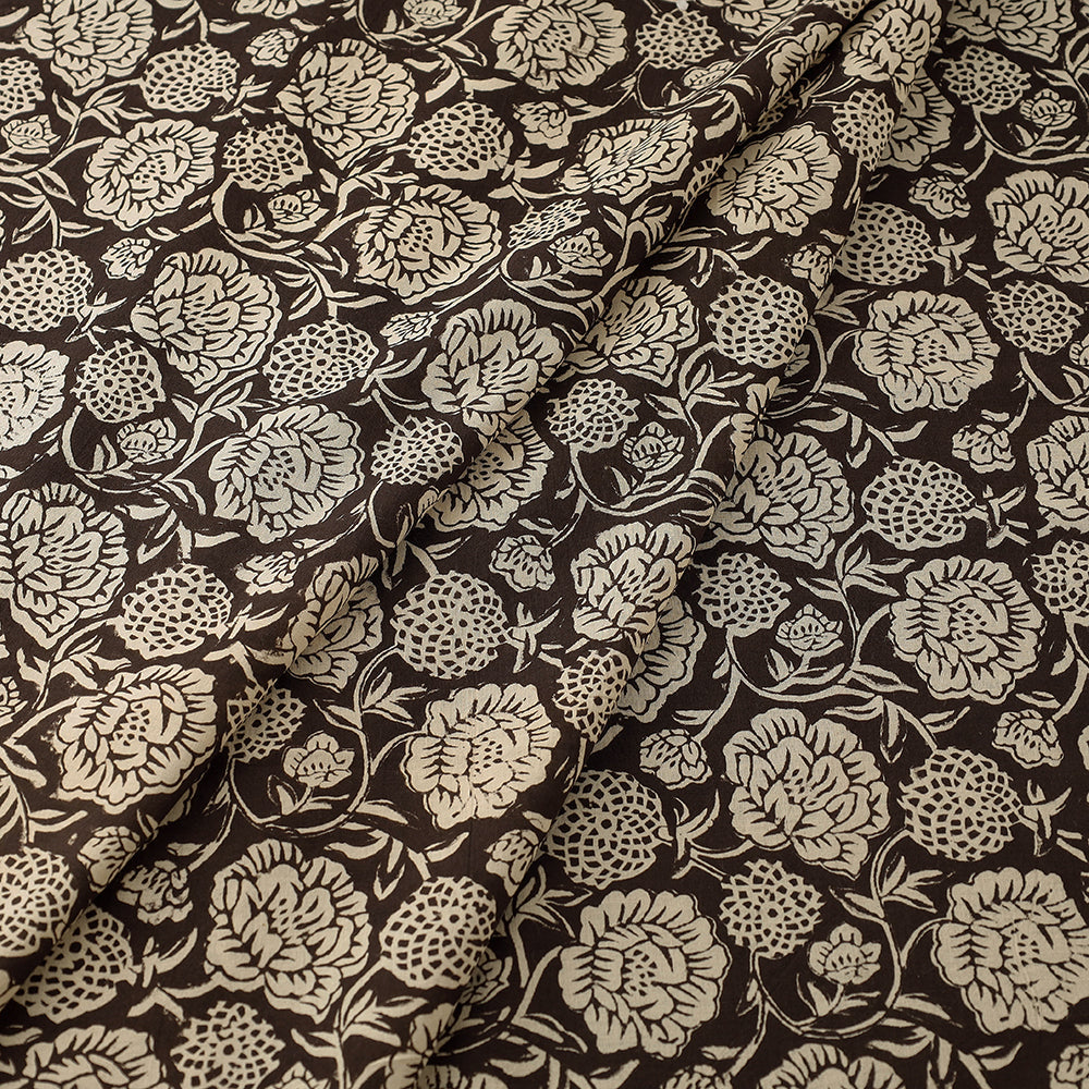 Brown - Dahlia Floral Bagru Block Print Cotton Fabric