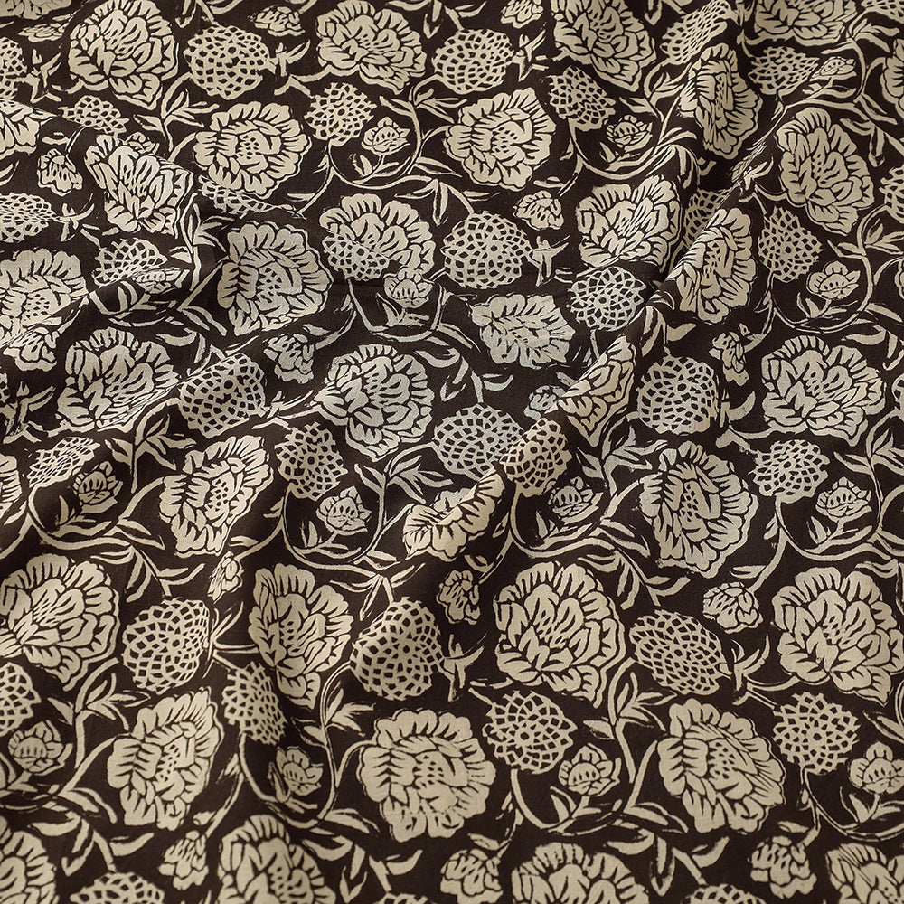 Brown - Dahlia Floral Bagru Block Print Cotton Fabric