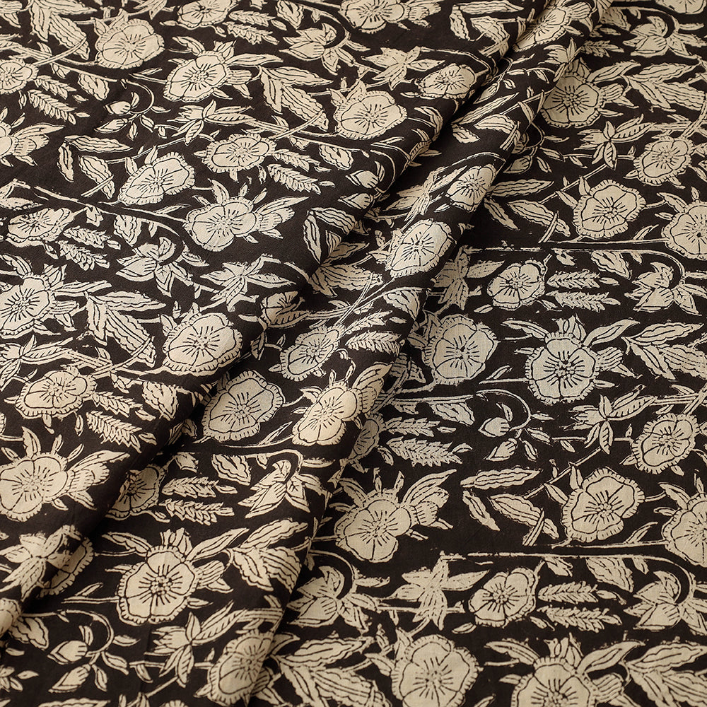 Black with Floral Cluster Bagru Block Print Cotton Fabric 05