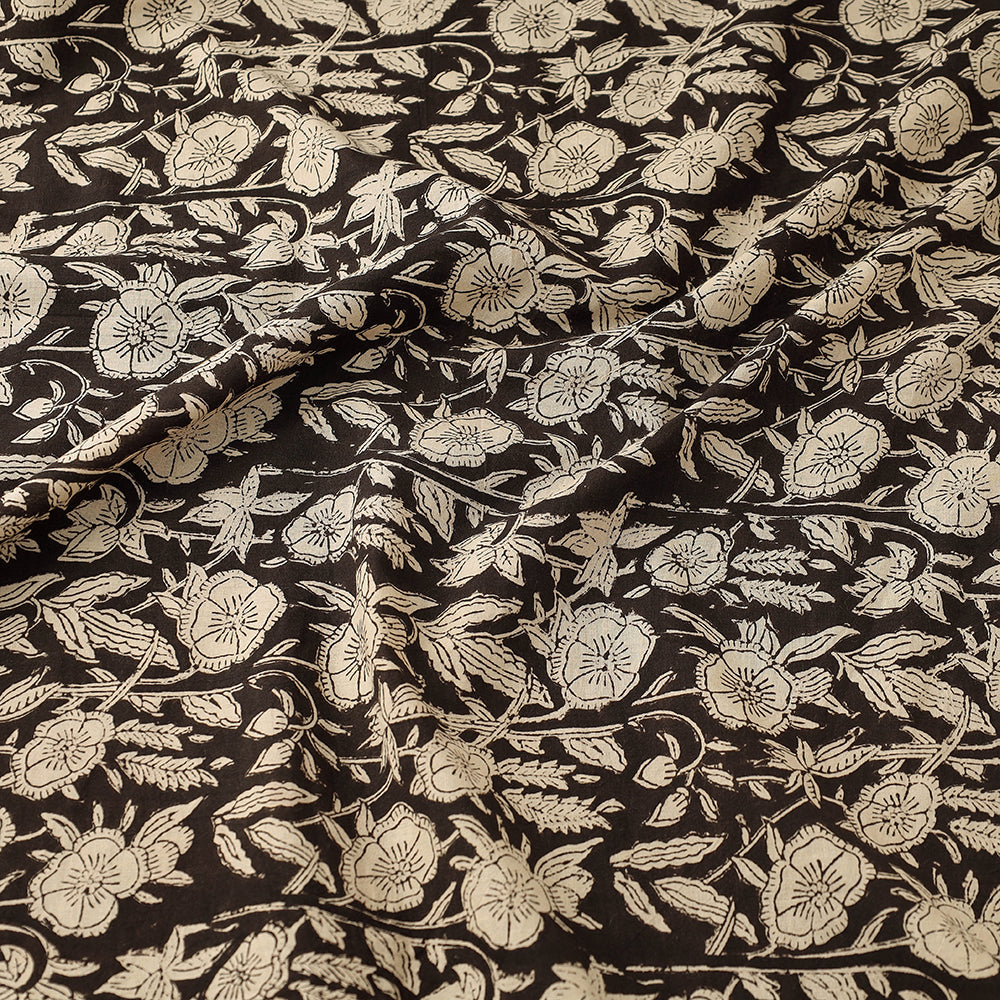 Black with Floral Cluster Bagru Block Print Cotton Fabric 05