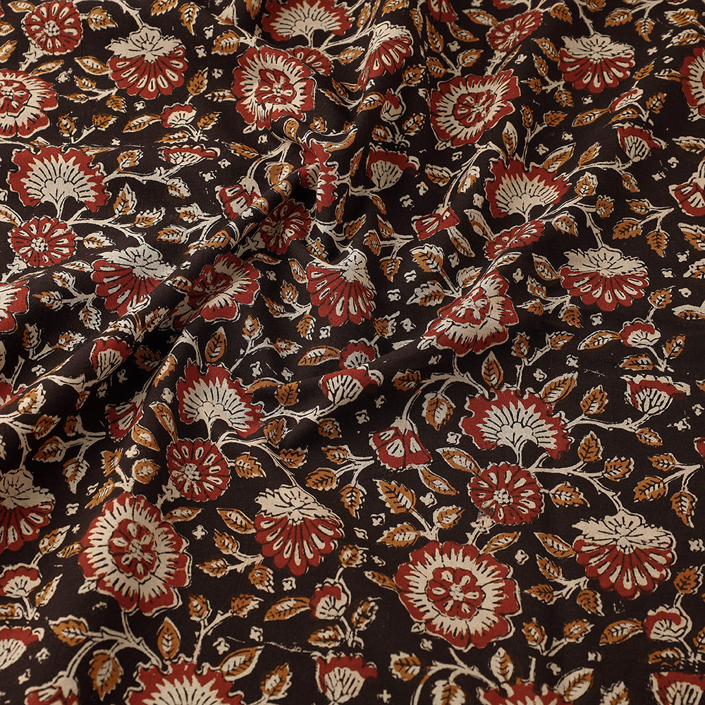 Black - Red Gardenia Bagru Block Print Cotton Fabric