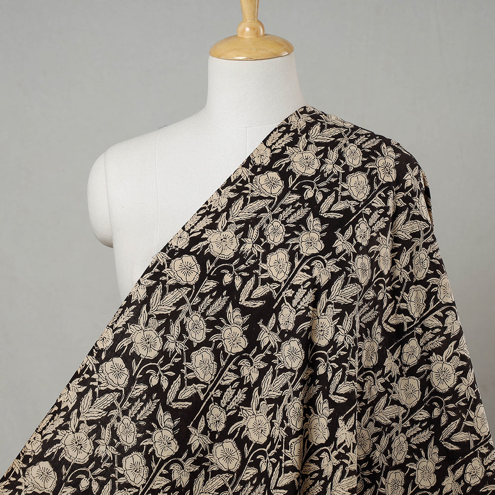 Black with Floral Cluster Bagru Block Print Cotton Fabric 05