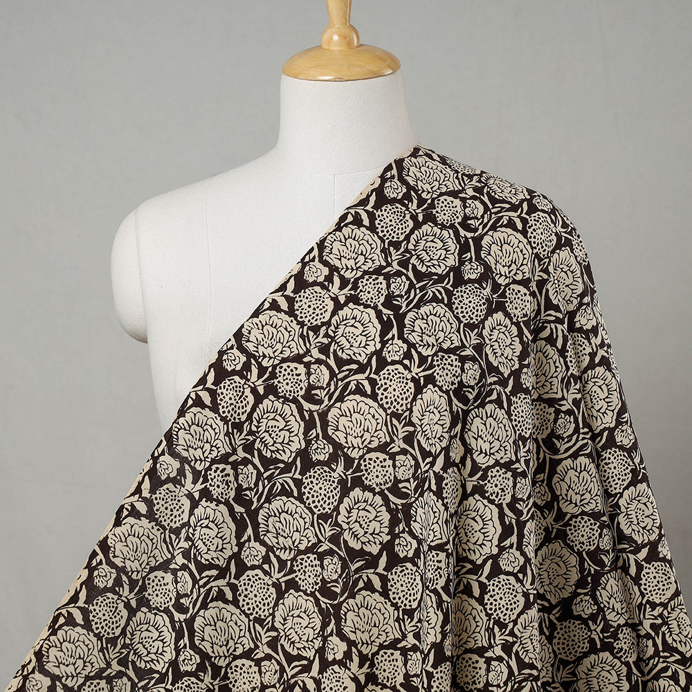 Brown - Dahlia Floral Bagru Block Print Cotton Fabric
