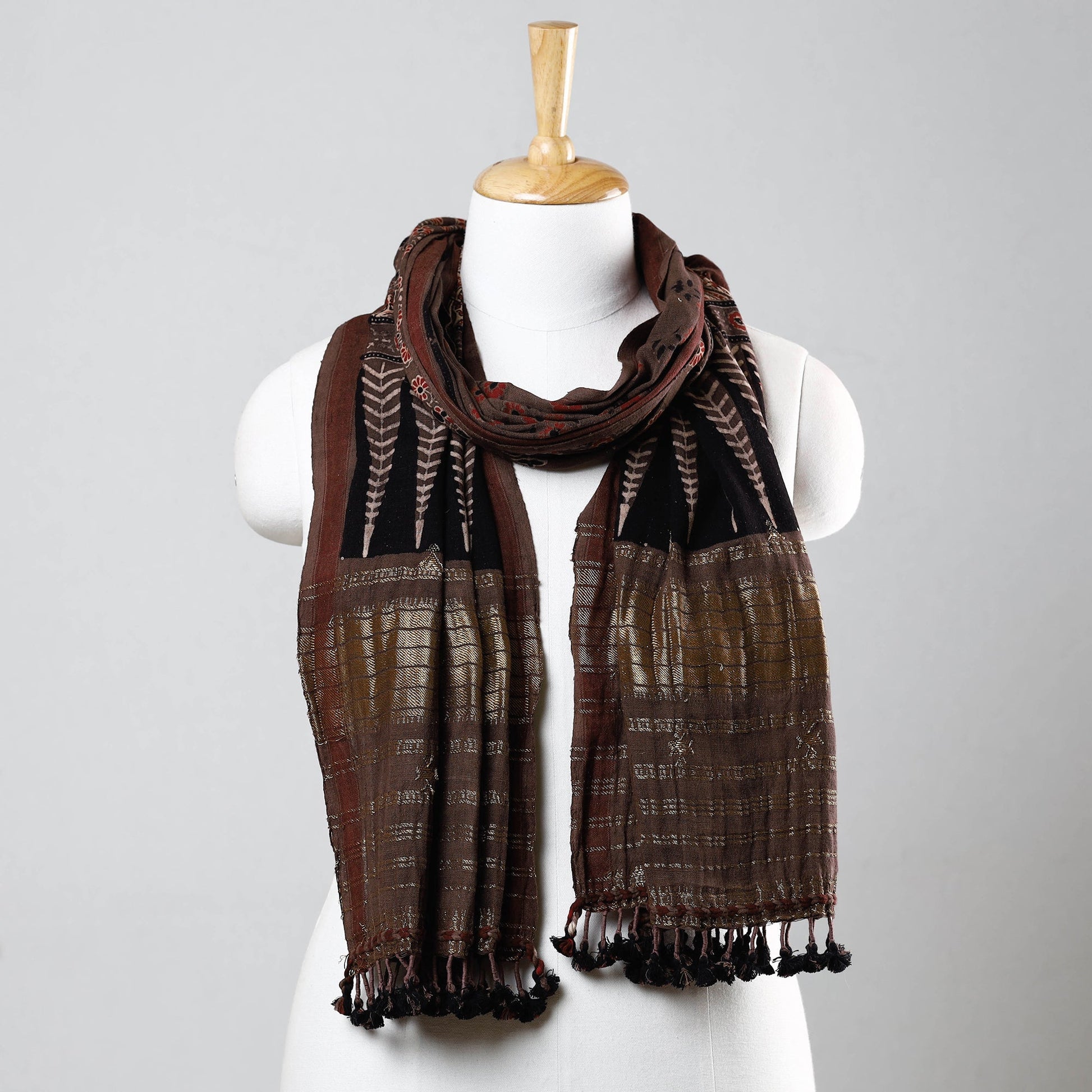 Brown - Ajrakh Prints Kutch Bhujodi Kala Cotton Handwoven Zari Work Stole