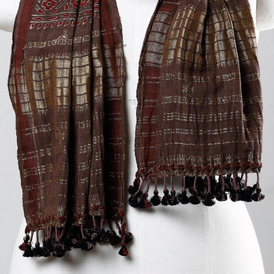 Brown - Ajrakh Prints Kutch Bhujodi Kala Cotton Handwoven Zari Work Stole