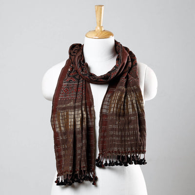 Brown - Ajrakh Prints Kutch Bhujodi Kala Cotton Handwoven Zari Work Stole