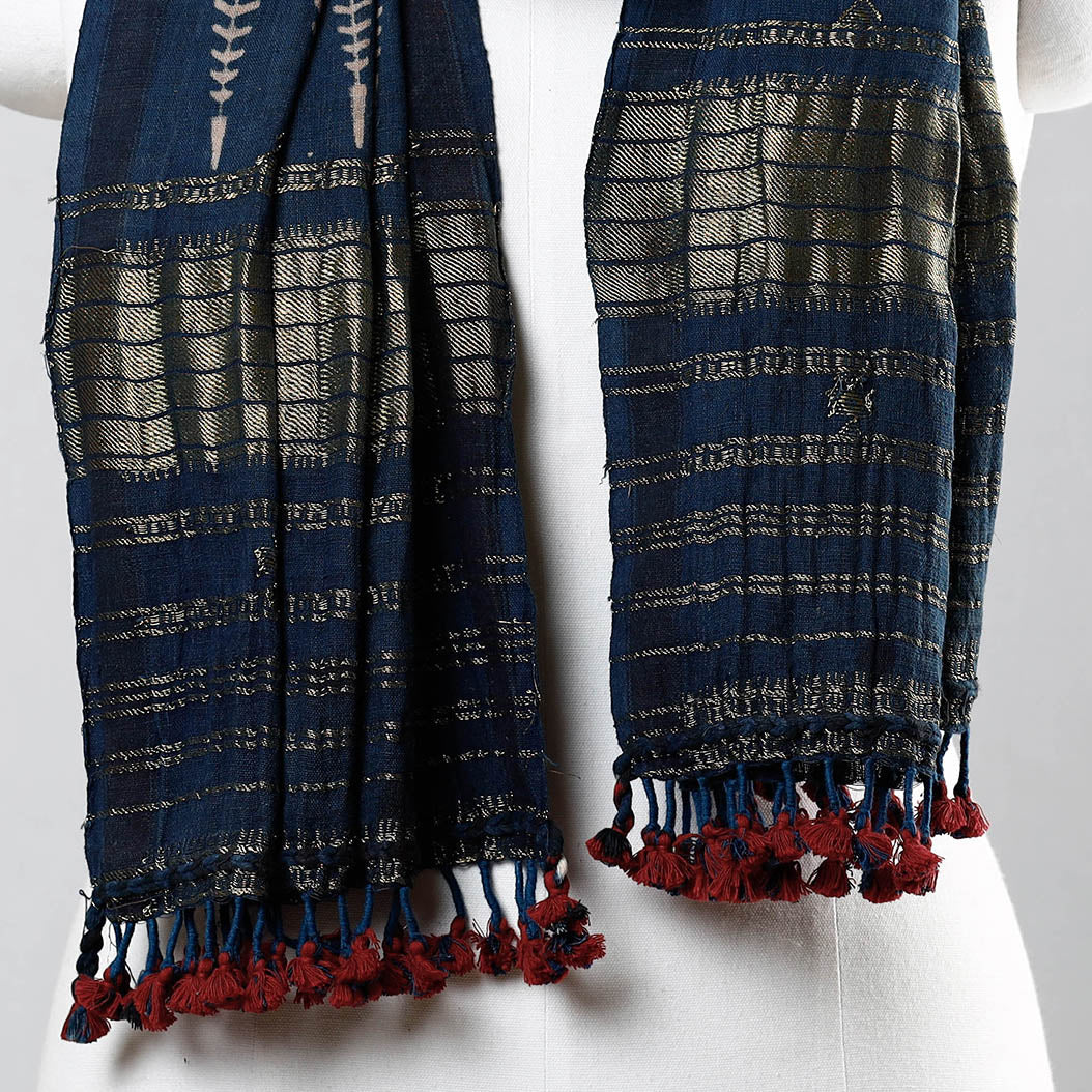 Blue - Ajrakh Prints Kutch Bhujodi Kala Cotton Handwoven Zari Work Stole