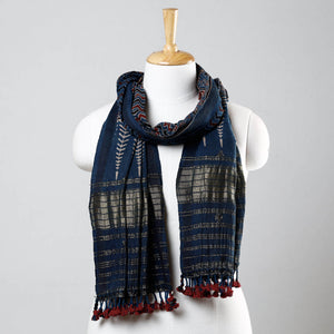 Blue - Ajrakh Prints Kutch Bhujodi Kala Cotton Handwoven Zari Work Stole