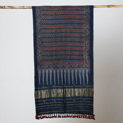 Blue - Ajrakh Prints Kutch Bhujodi Kala Cotton Handwoven Zari Work Stole