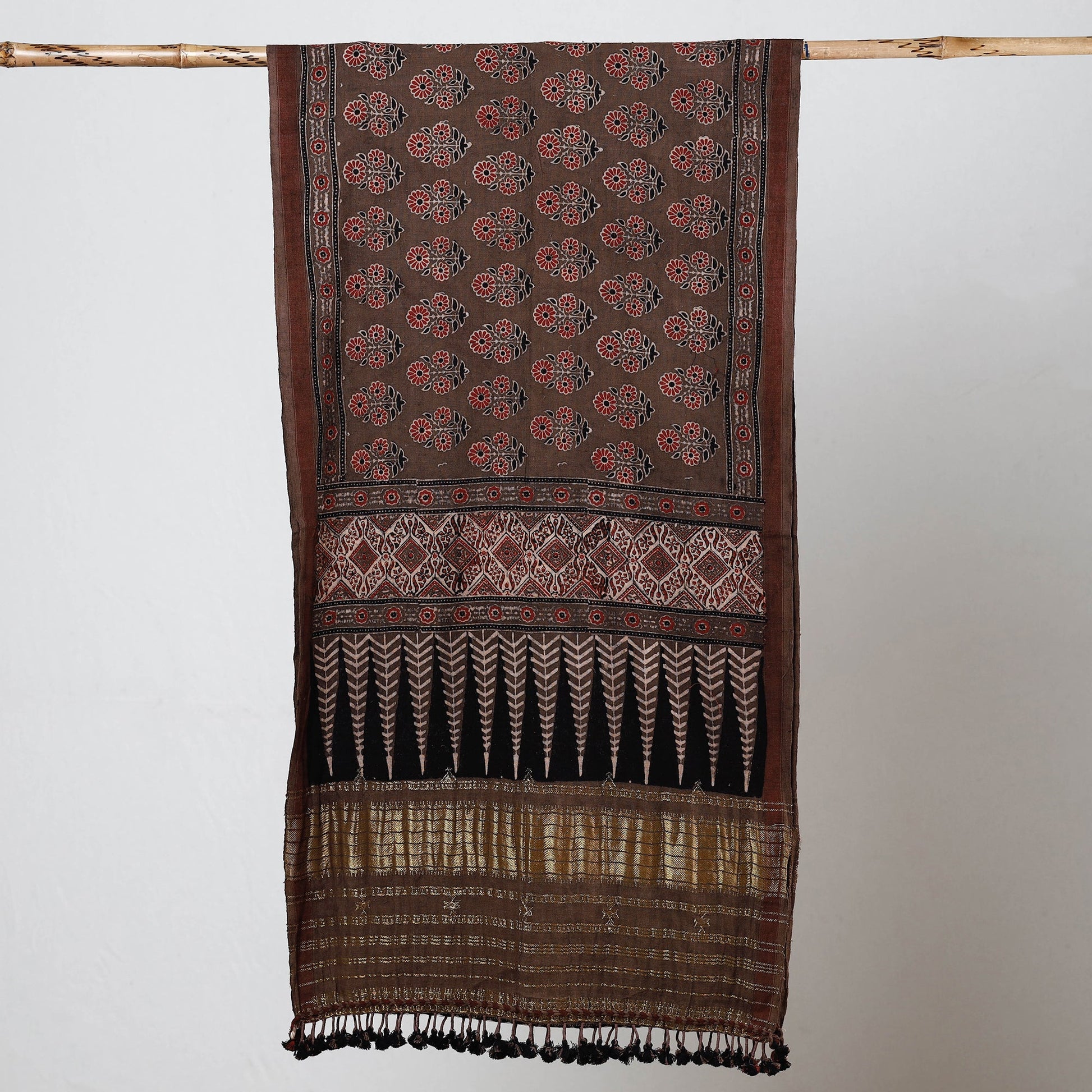 Brown - Ajrakh Prints Kutch Bhujodi Kala Cotton Handwoven Zari Work Stole
