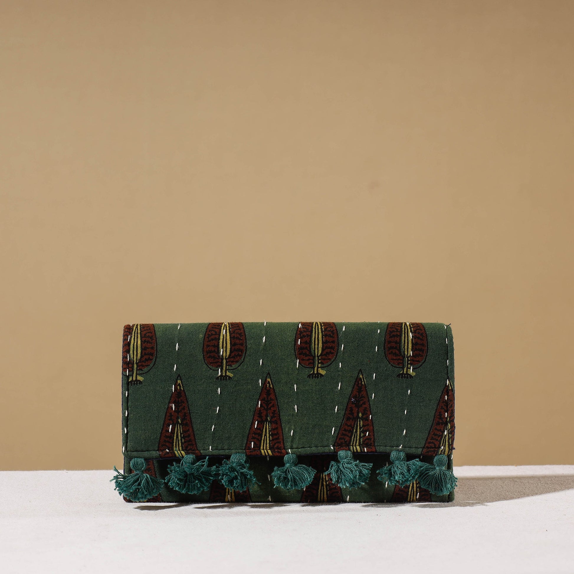 Green - Marudhara Ajrakh Printed Clutch Wallet With Tassels