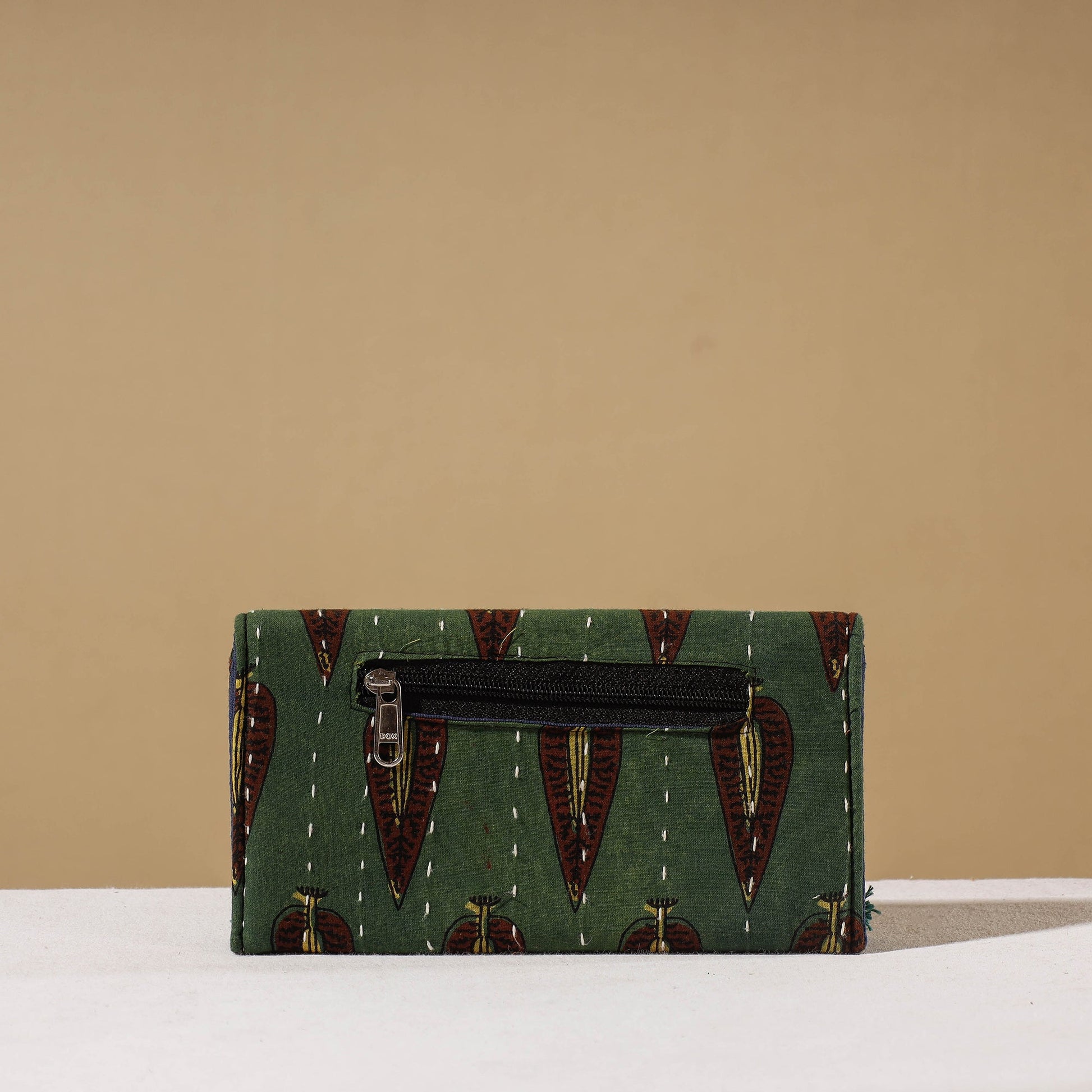 Green - Marudhara Ajrakh Printed Clutch Wallet With Tassels