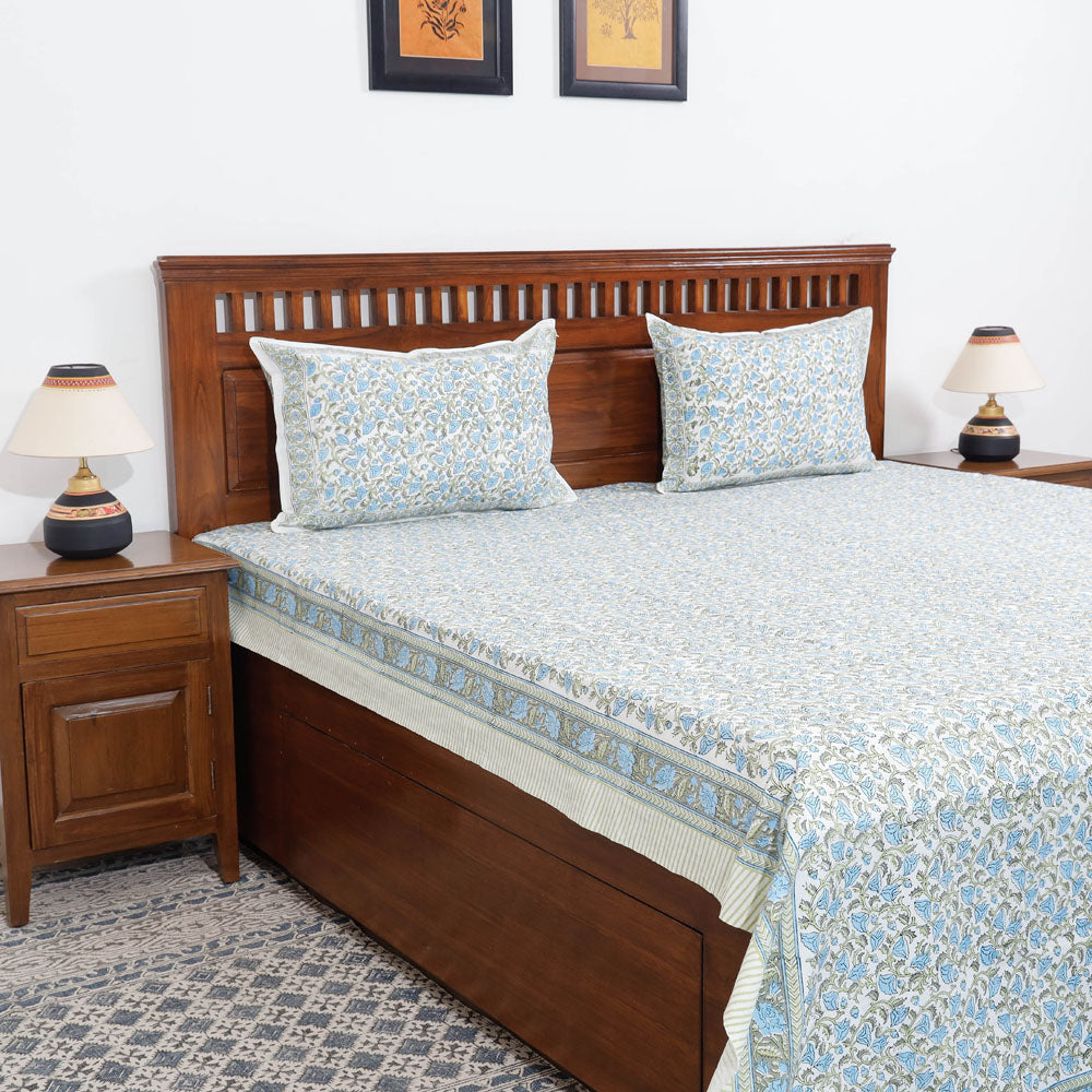 Blue - Block Print Cotton Double Sanganeri Bed Sheet