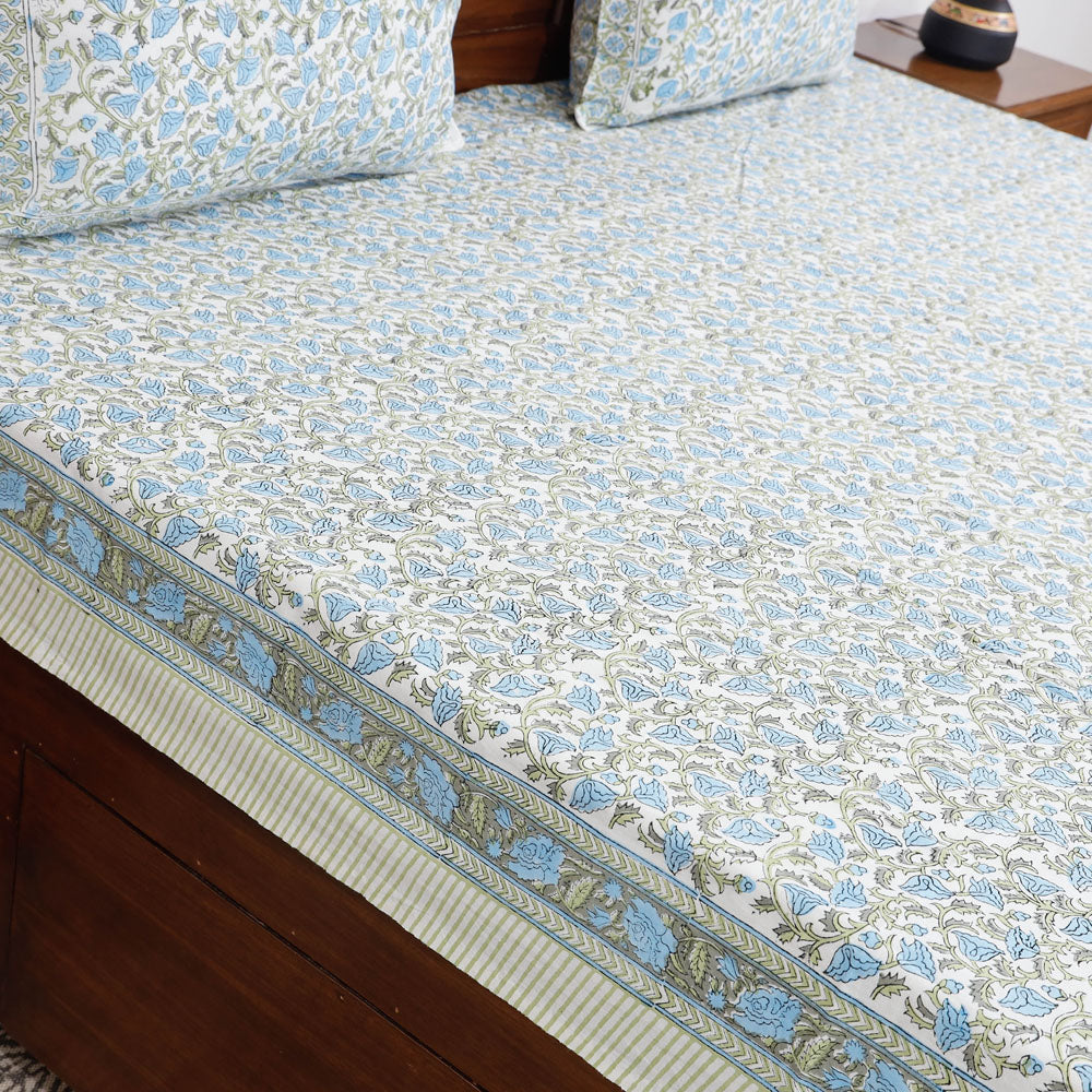 Blue - Block Print Cotton Double Sanganeri Bed Sheet