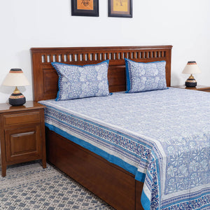 Blue - Block Print Cotton Double Sanganeri Bed Sheet