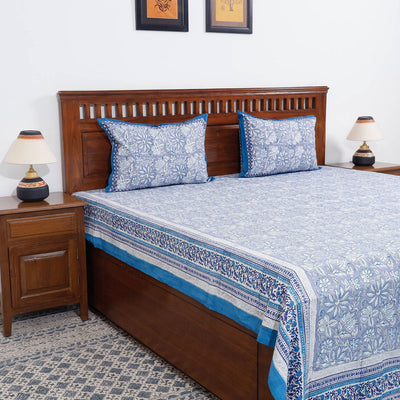 Blue - Block Print Cotton Double Sanganeri Bed Sheet