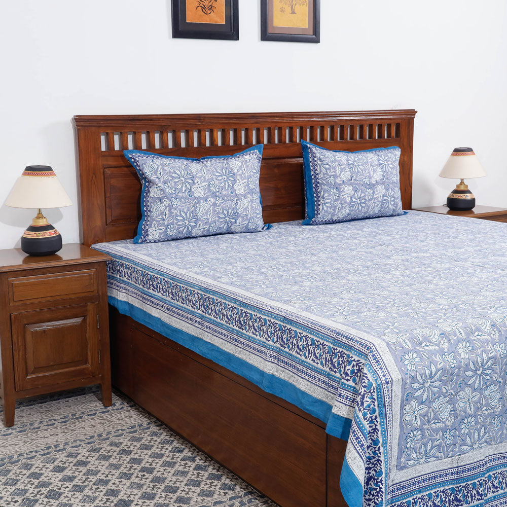Blue - Block Print Cotton Double Sanganeri Bed Sheet