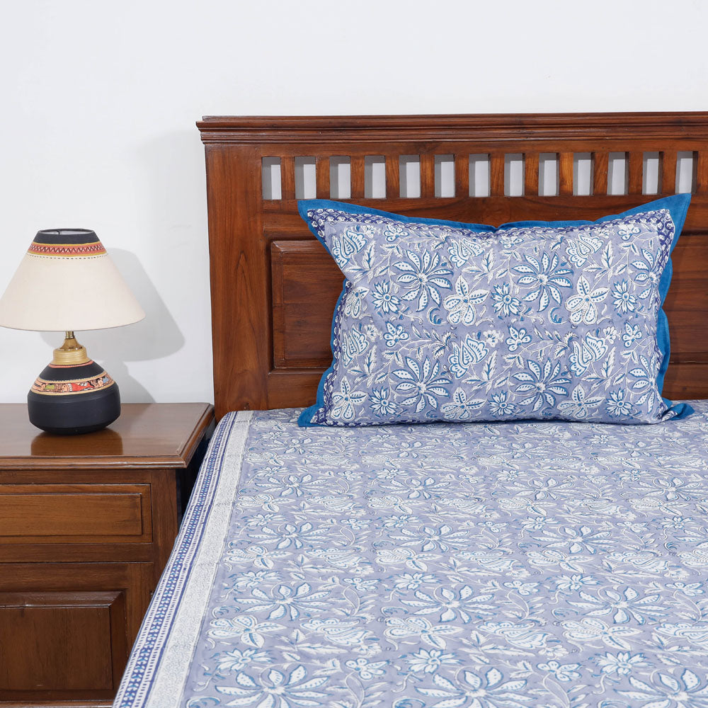 Blue - Block Print Cotton Double Sanganeri Bed Sheet