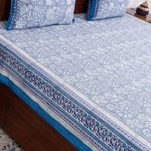 Blue - Block Print Cotton Double Sanganeri Bed Sheet