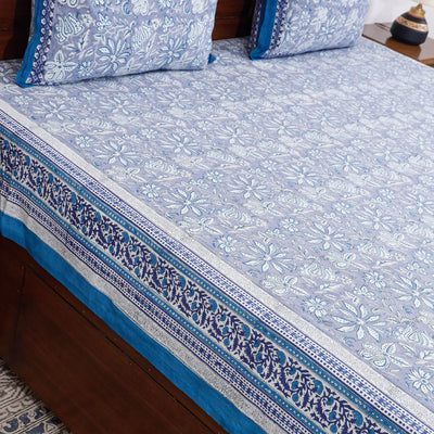 Blue - Block Print Cotton Double Sanganeri Bed Sheet