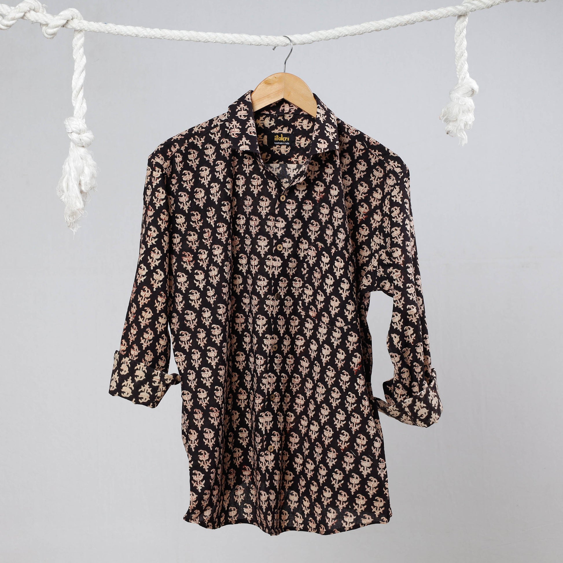 Black - Bagru Dabu Block Printed Cotton Men Full Sleeve Shirt