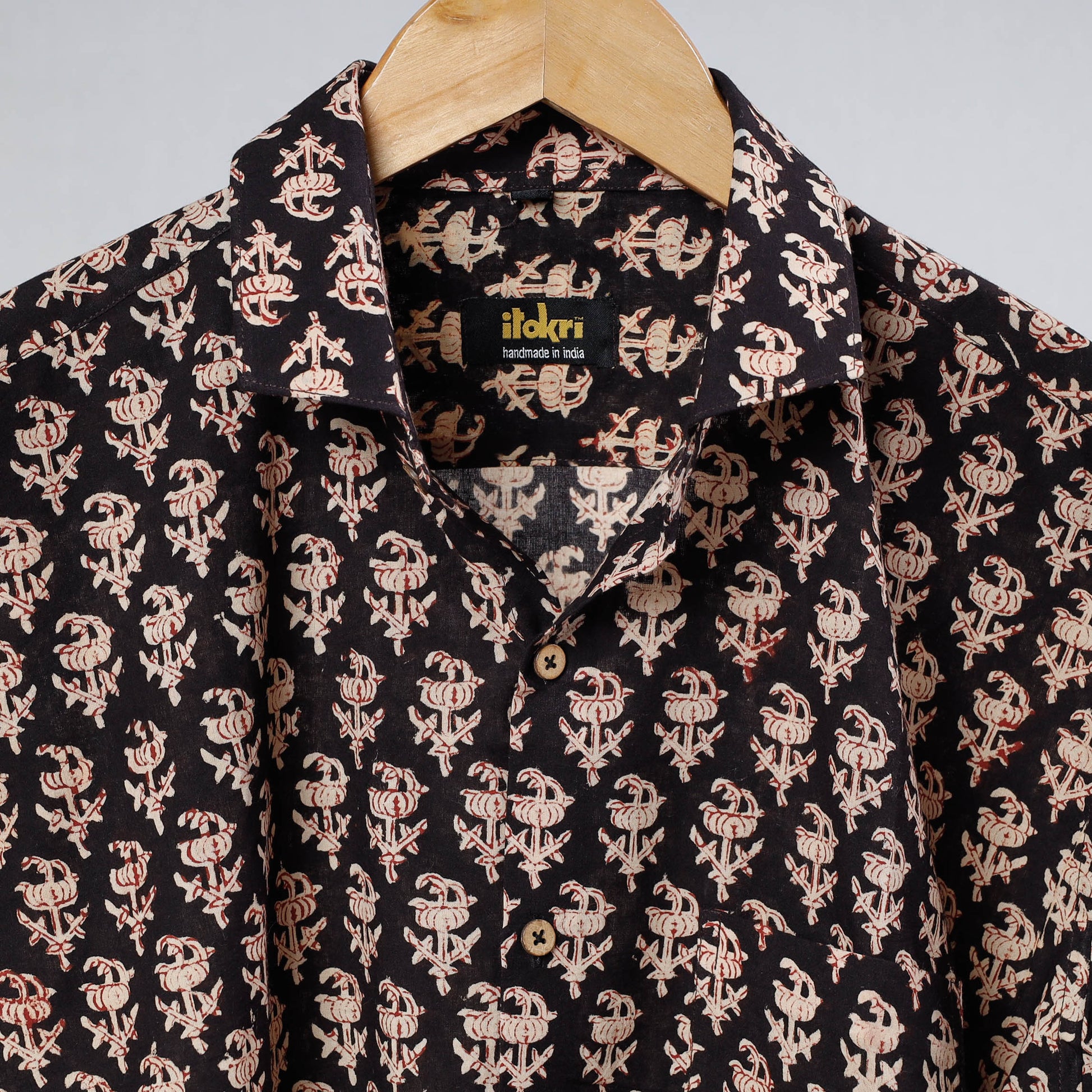 Black - Bagru Dabu Block Printed Cotton Men Full Sleeve Shirt