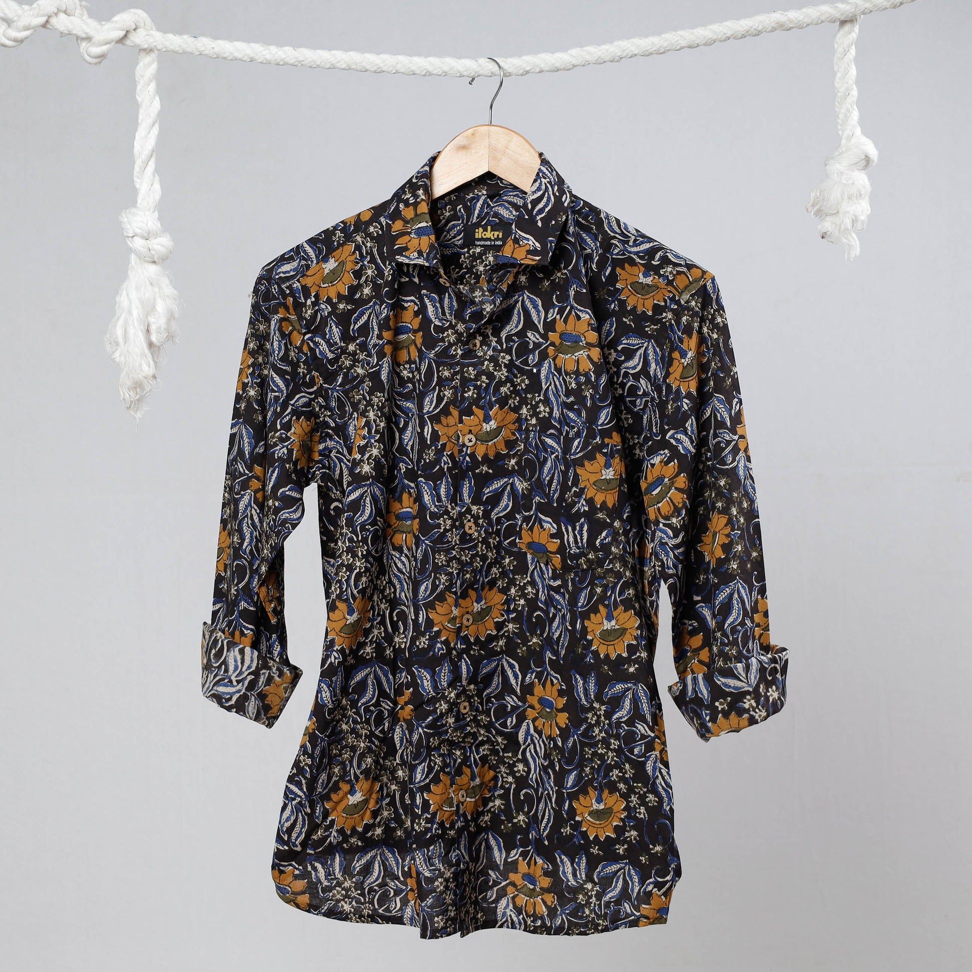 Black - Bagru Dabu Block Printed Cotton Men Full Sleeve Shirt