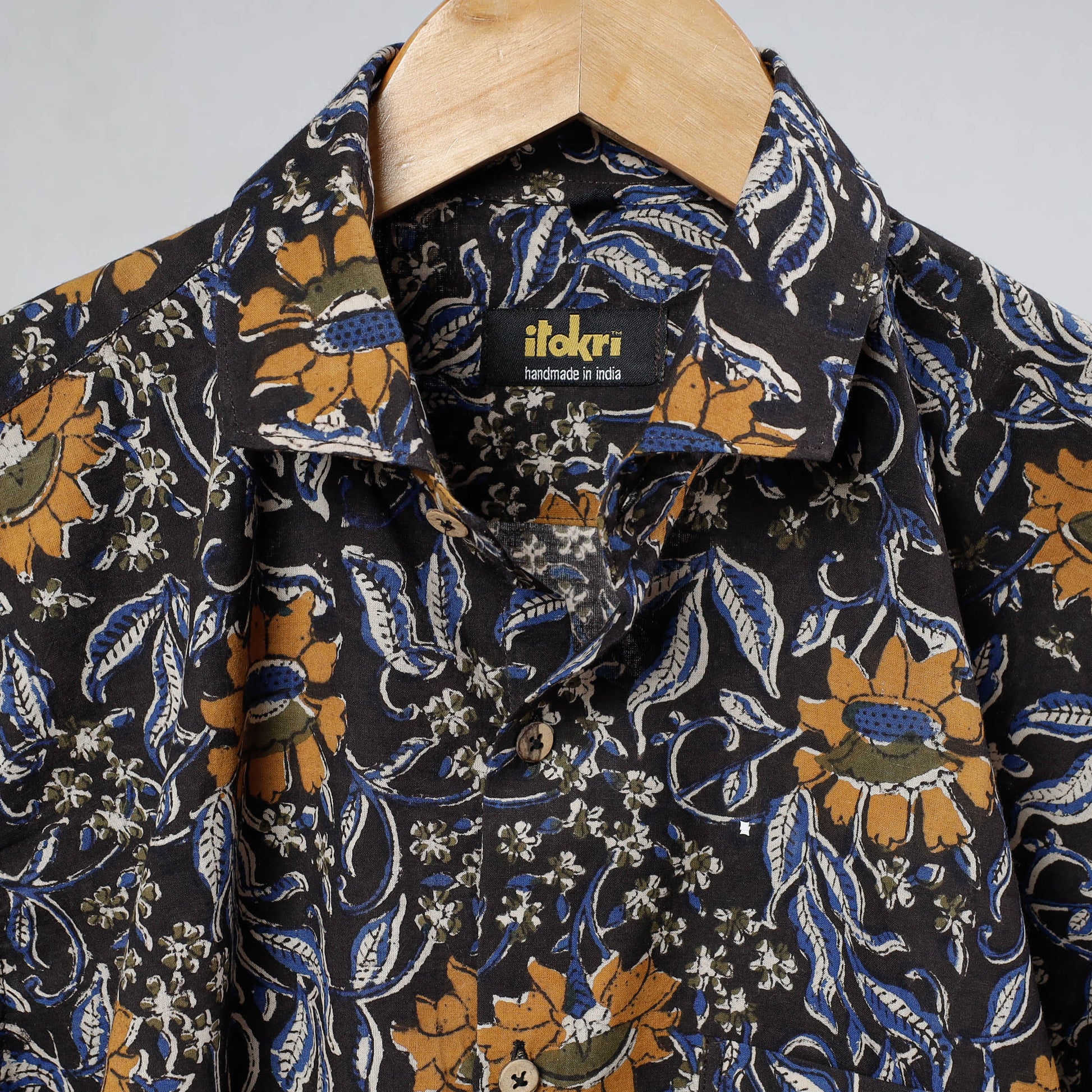 Black - Bagru Dabu Block Printed Cotton Men Full Sleeve Shirt