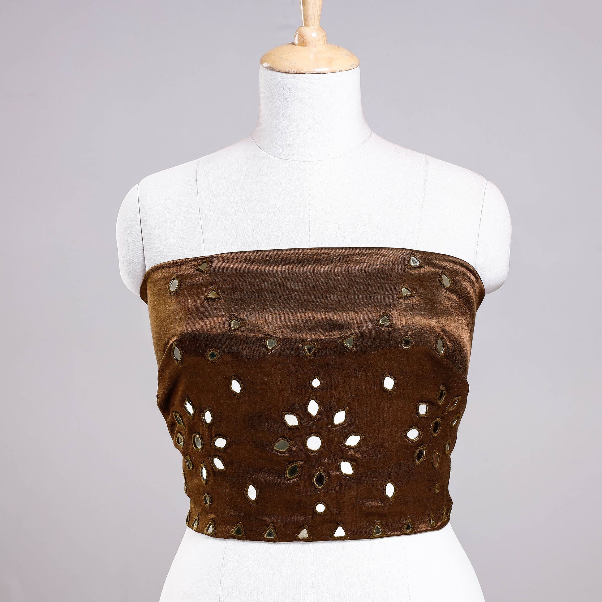 Brown - Kutch Mirror Work Mashru Silk Blouse Piece