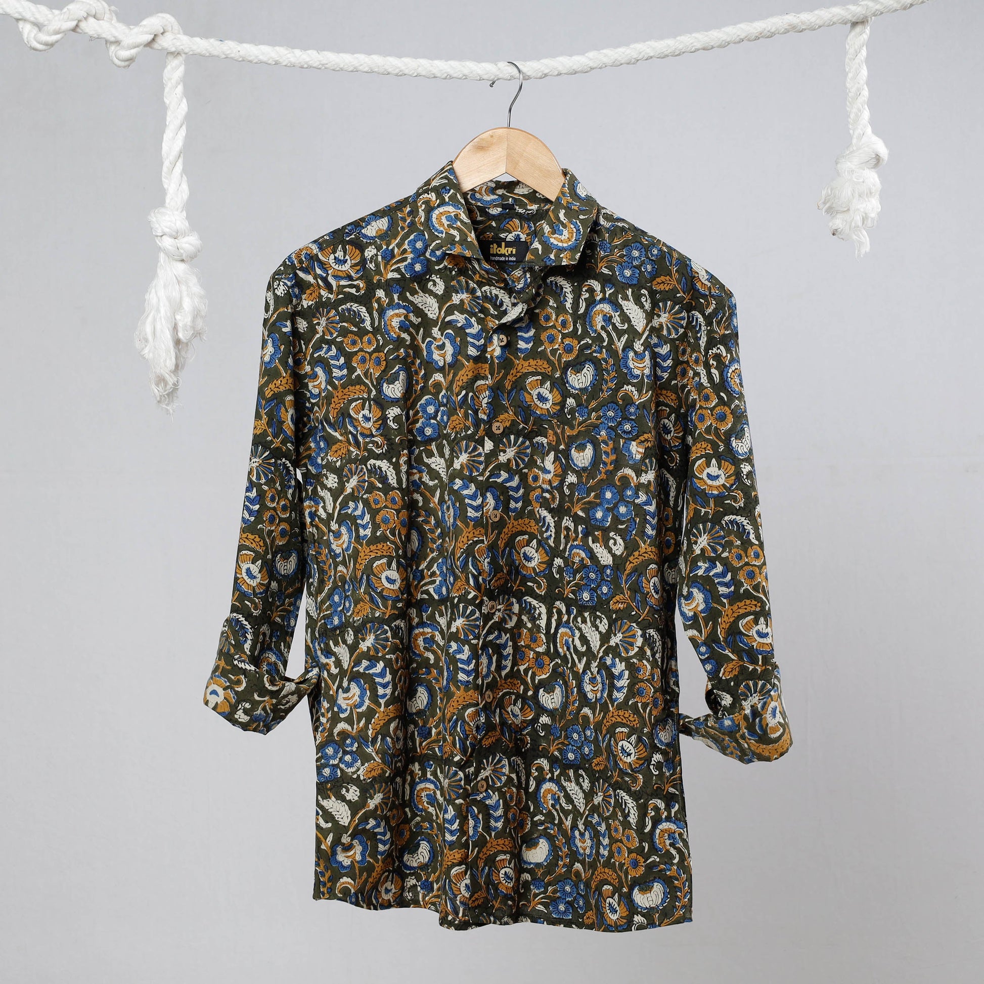 Black - Bagru Dabu Block Printed Cotton Men Full Sleeve Shirt