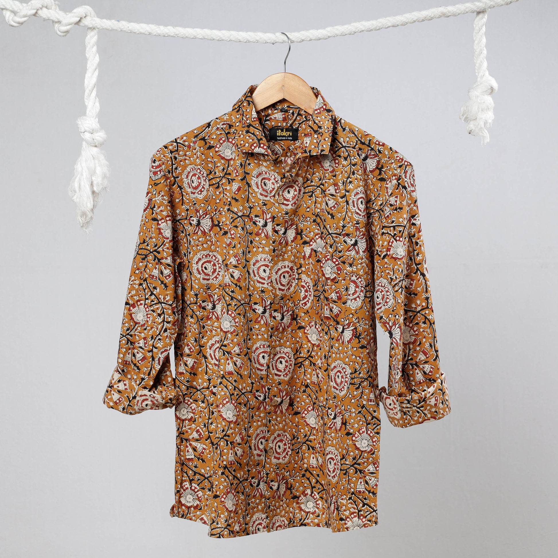 Brown - Bagru Dabu Block Printed Cotton Men Full Sleeve Shirt