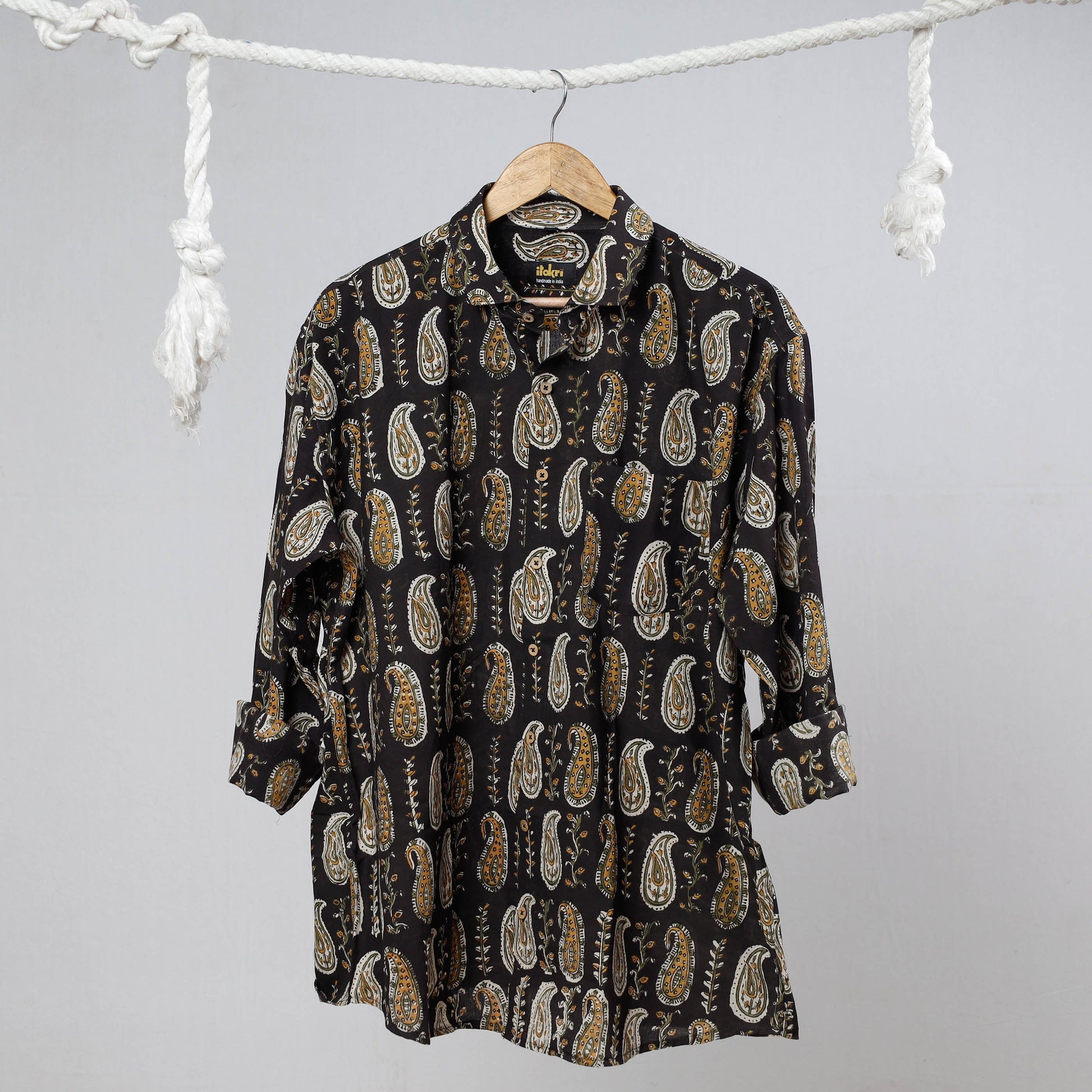 Black - Bagru Dabu Block Printed Cotton Men Full Sleeve Shirt