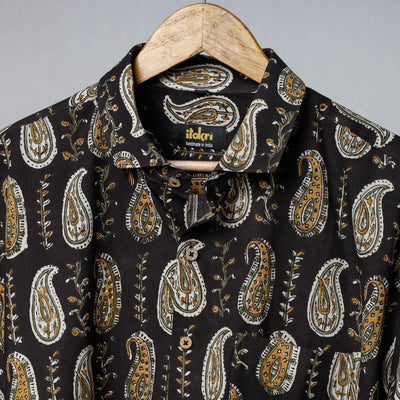 Black - Bagru Dabu Block Printed Cotton Men Full Sleeve Shirt