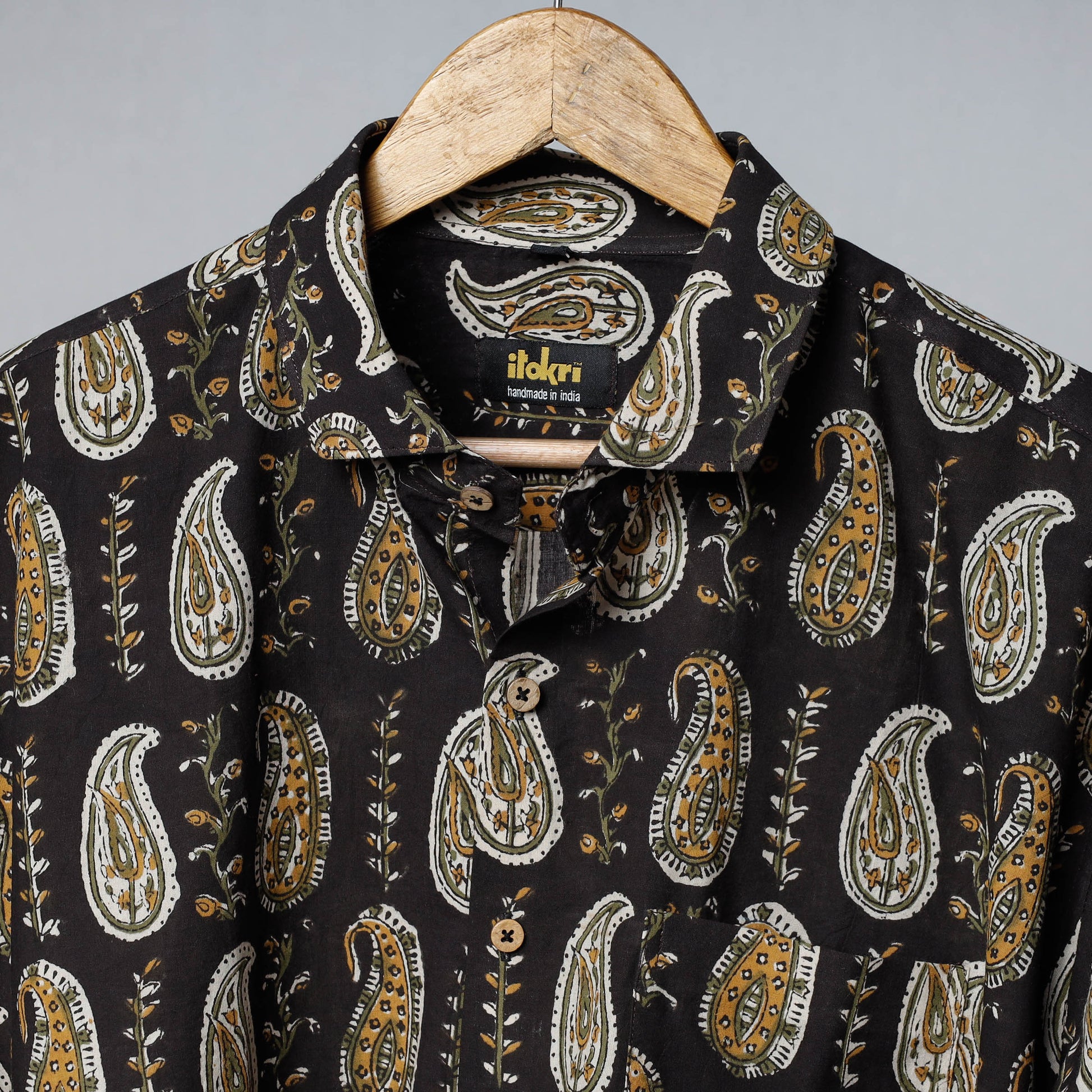 Black - Bagru Dabu Block Printed Cotton Men Full Sleeve Shirt