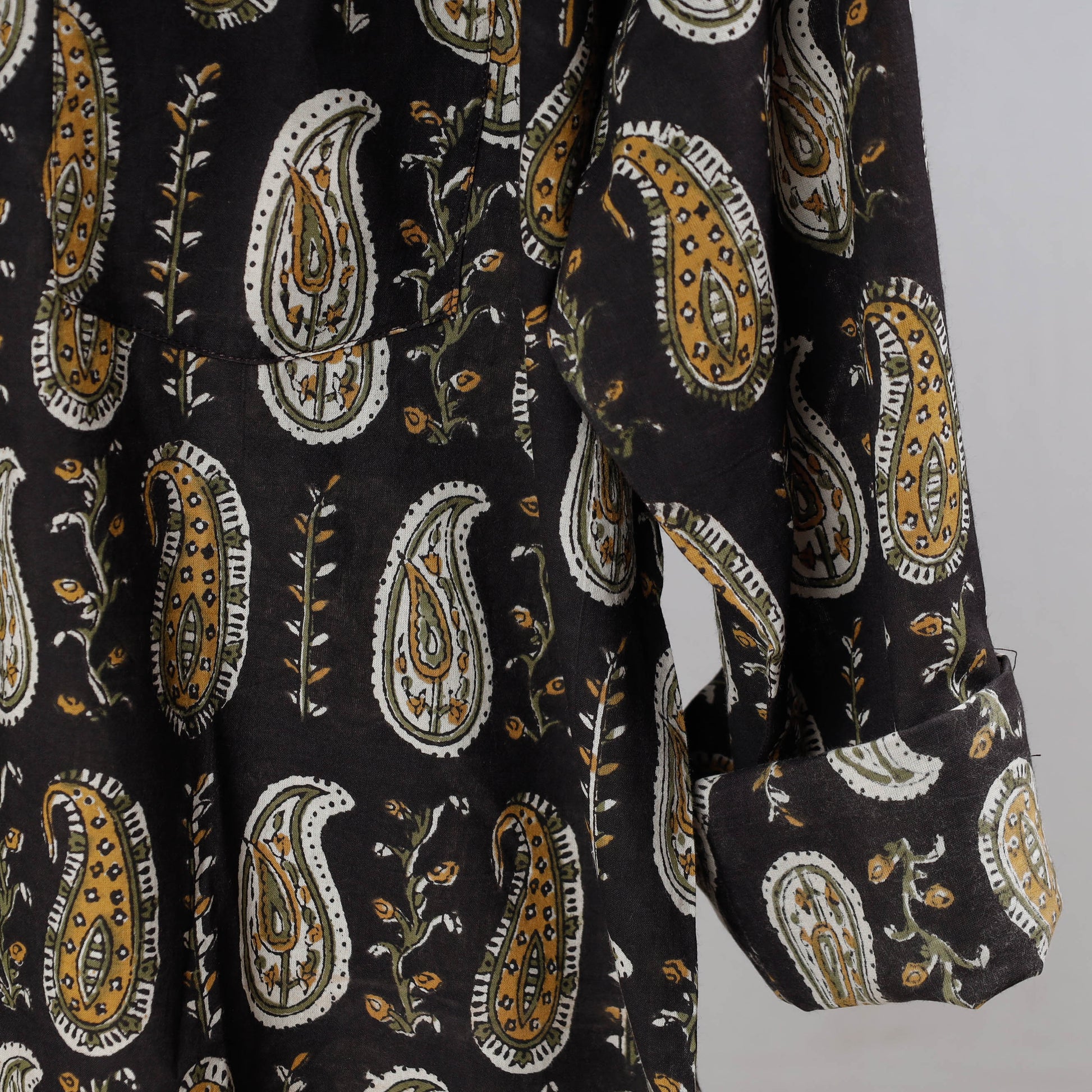 Black - Bagru Dabu Block Printed Cotton Men Full Sleeve Shirt