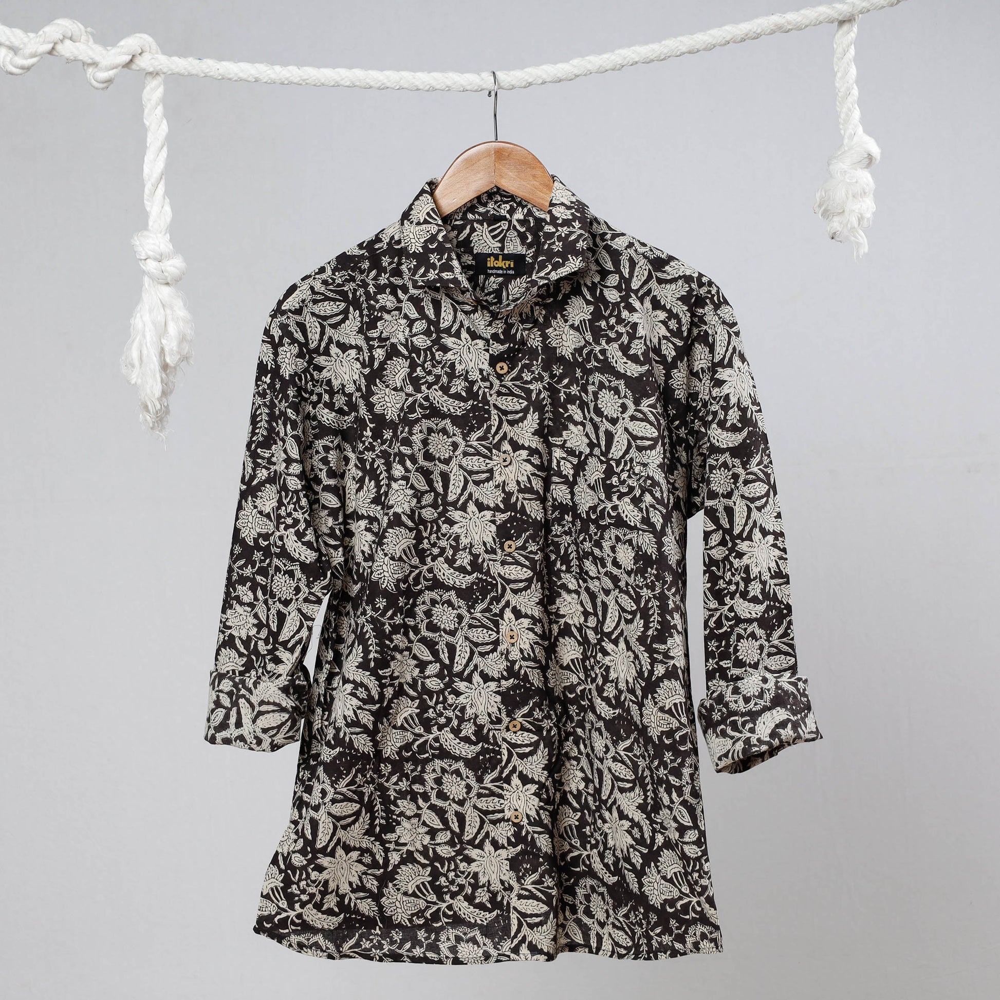 Black - Bagru Dabu Block Printed Cotton Men Full Sleeve Shirt