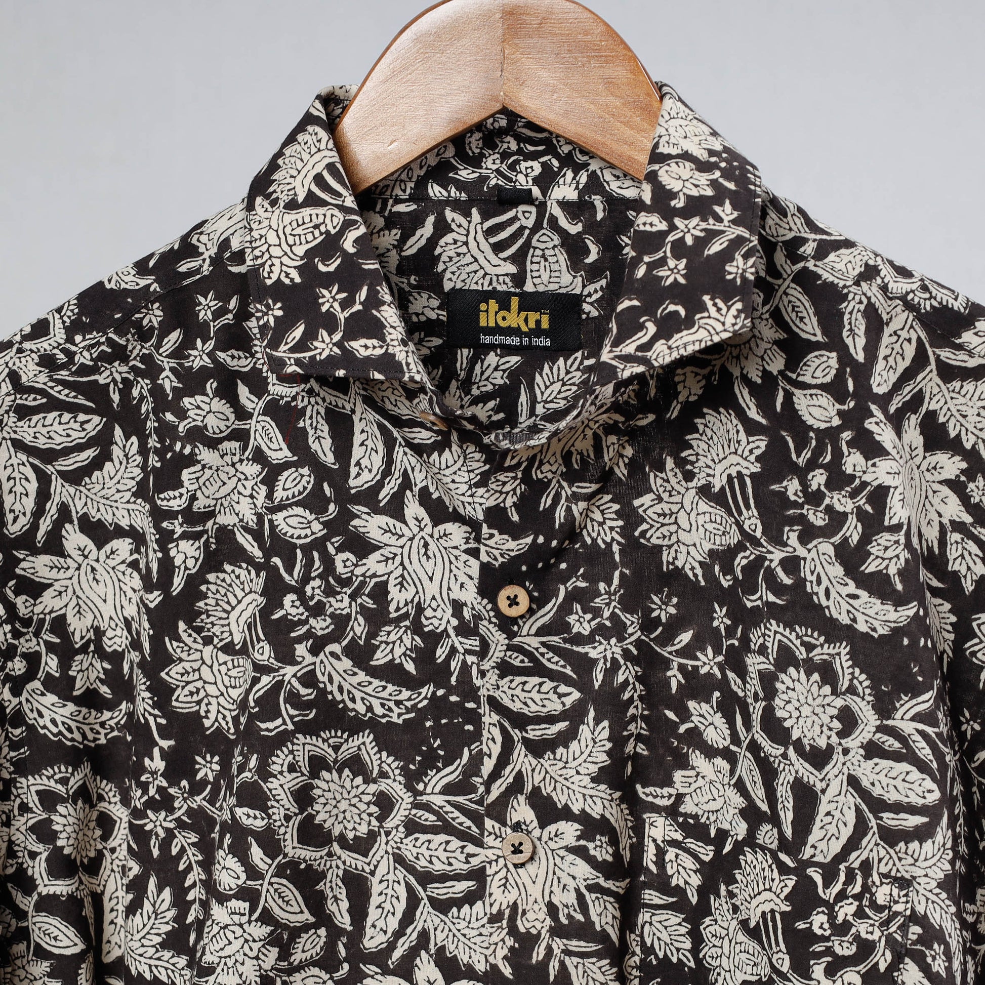 Black - Bagru Dabu Block Printed Cotton Men Full Sleeve Shirt