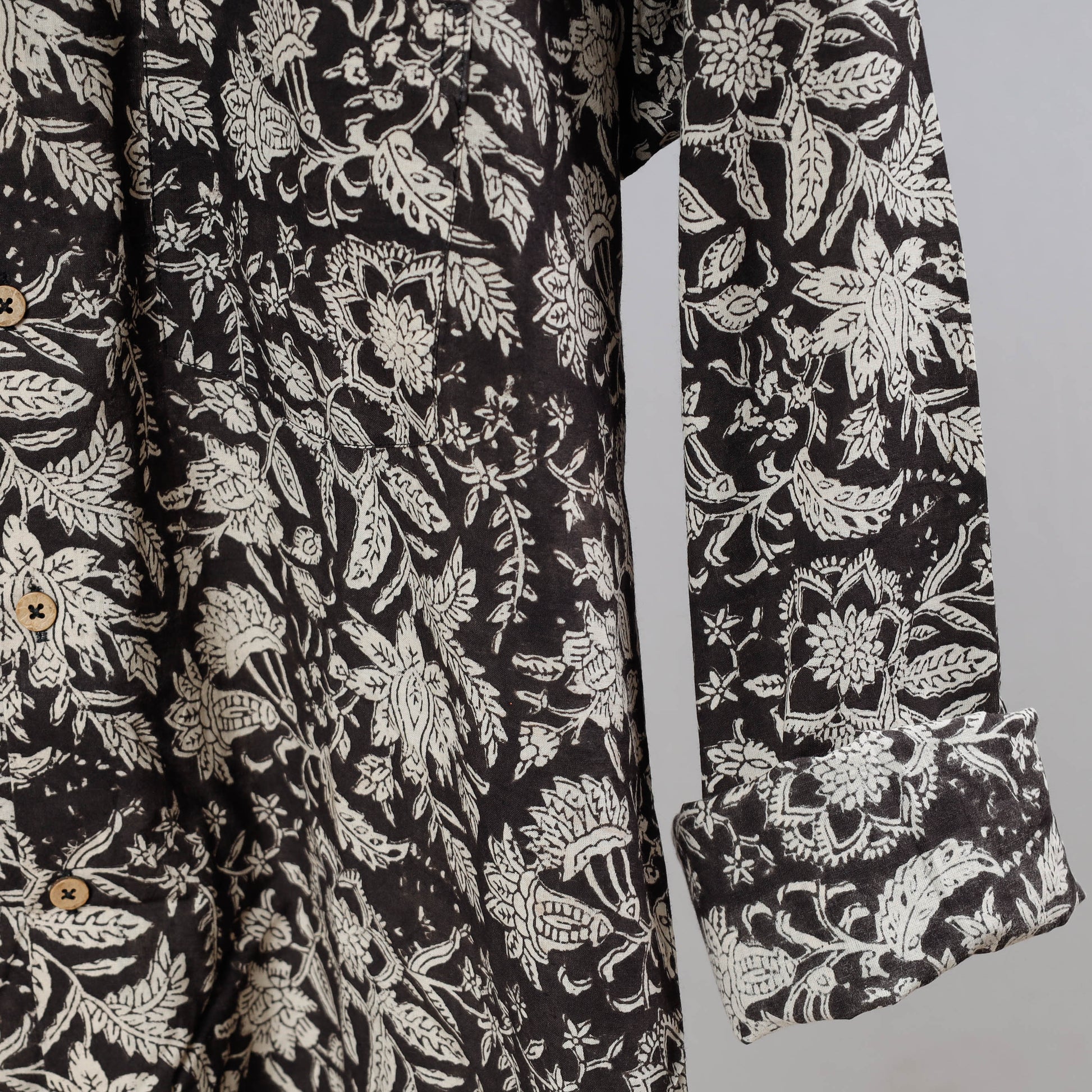 Black - Bagru Dabu Block Printed Cotton Men Full Sleeve Shirt