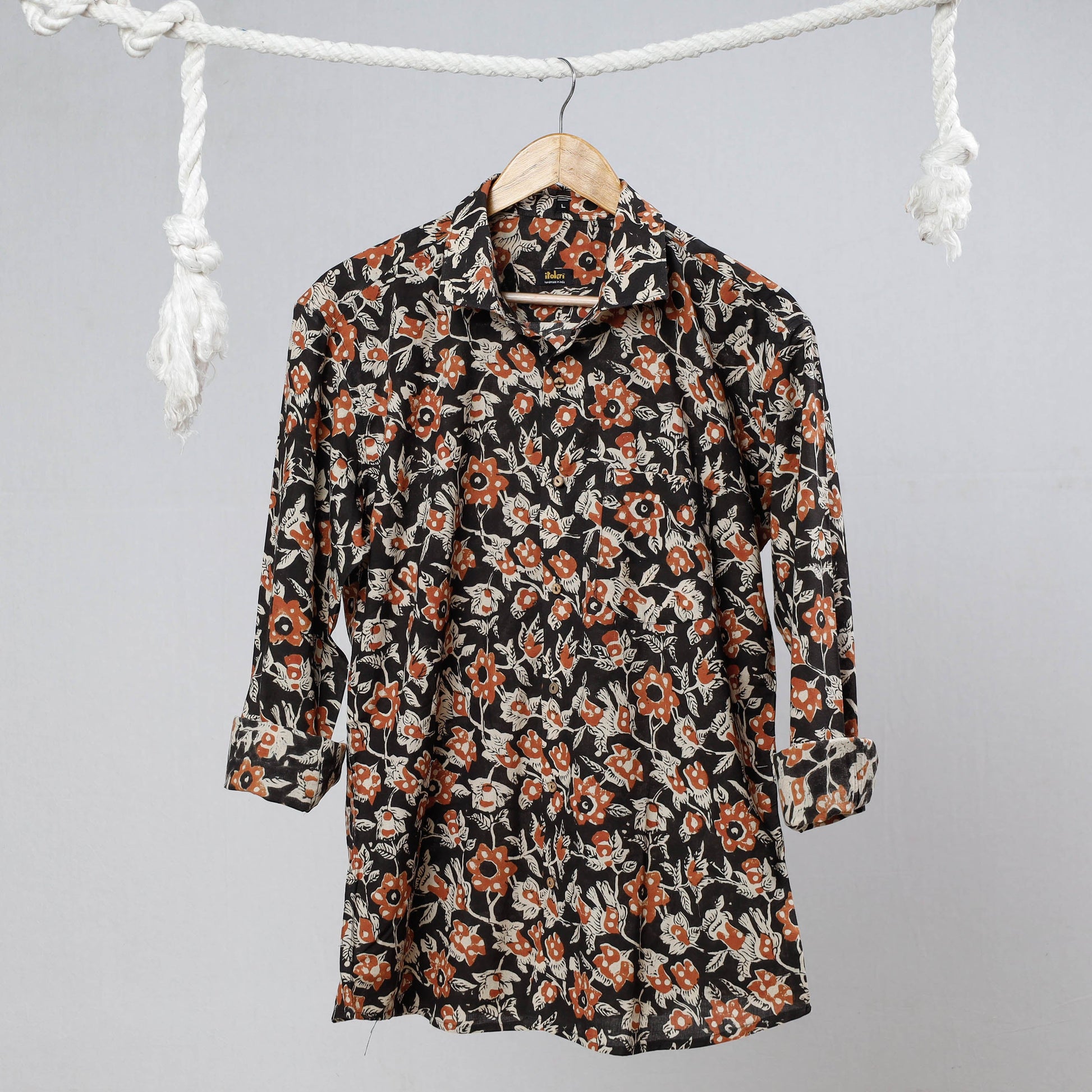 Black - Bagru Block Printed Cotton Men Full Sleeve Shirt