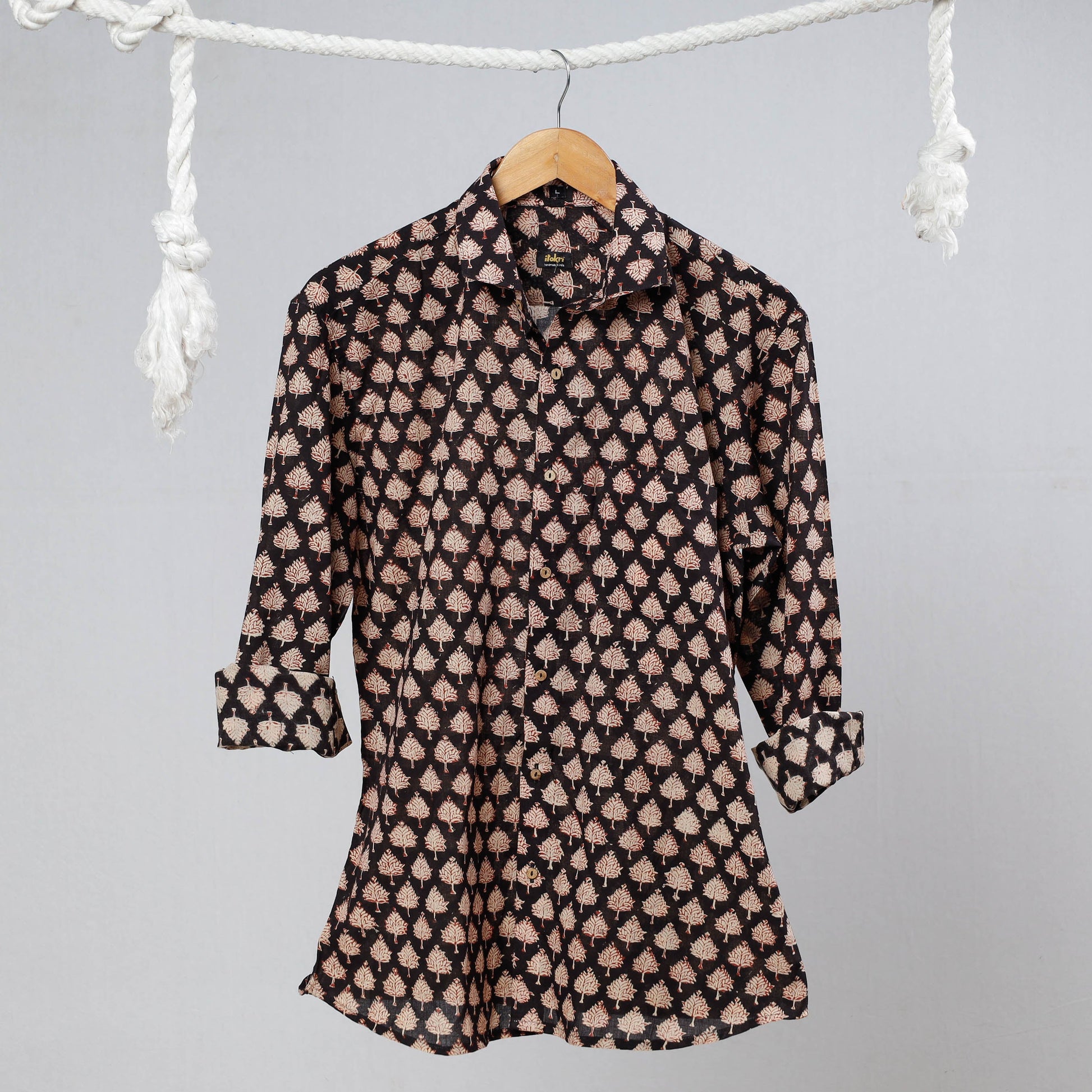 Black - Bagru Block Printed Cotton Men Full Sleeve Shirt