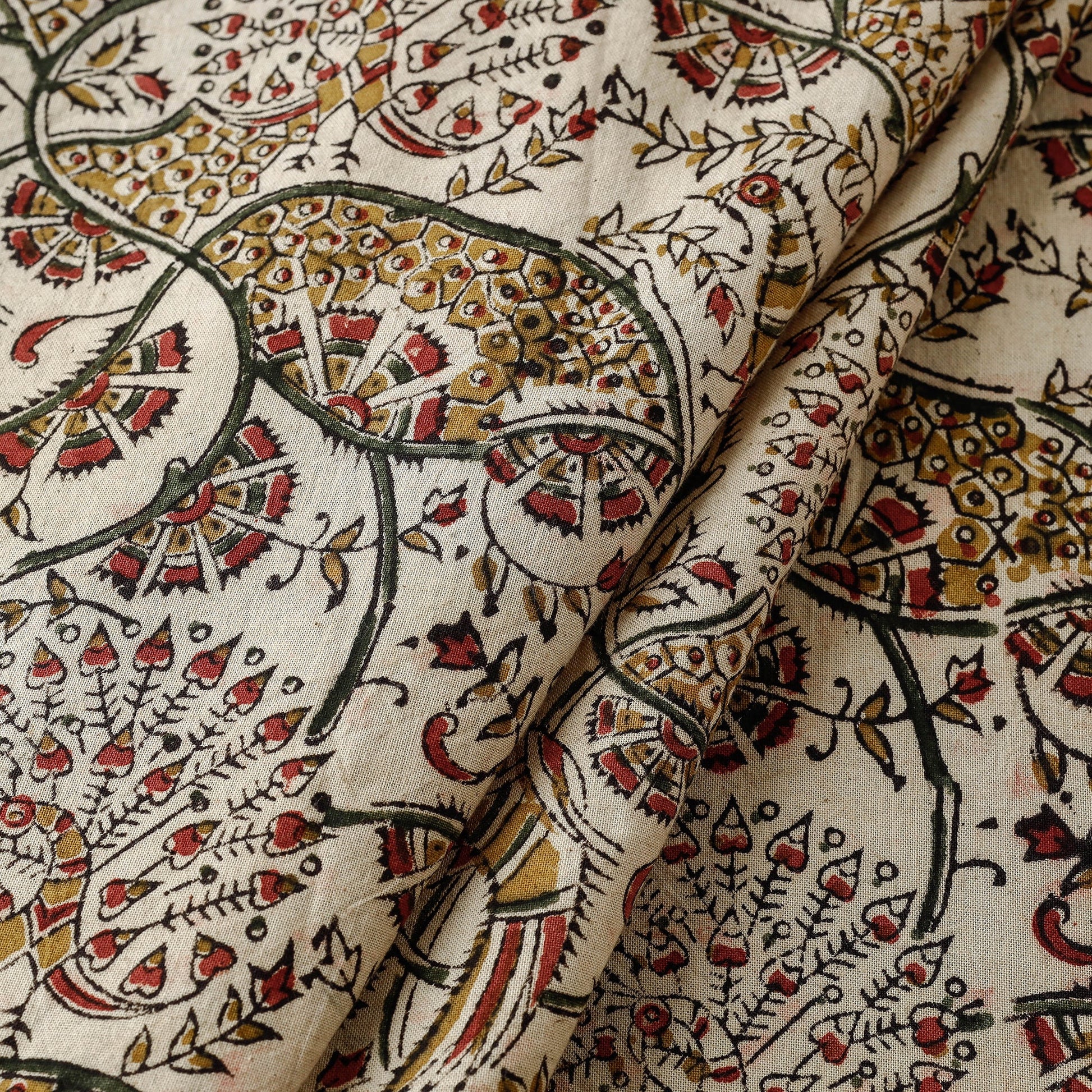 Beige - Pedana Kalamkari Hand Block Printed Cotton Fabric