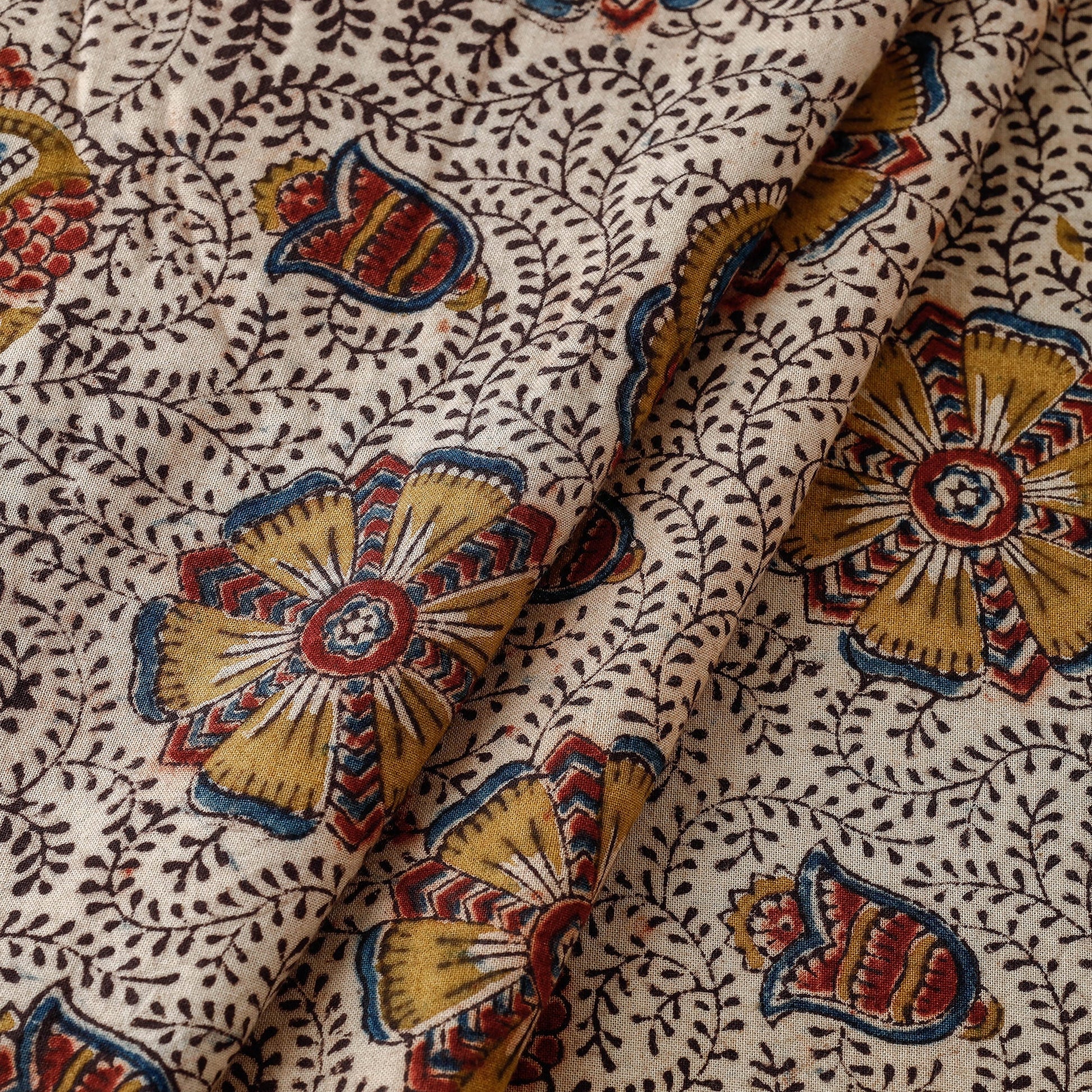 Beige - Pedana Kalamkari Hand Block Printed Cotton Fabric