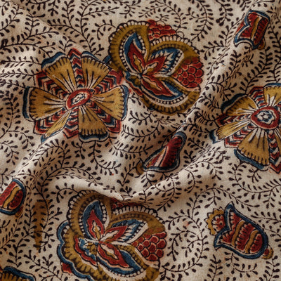 Beige - Pedana Kalamkari Hand Block Printed Cotton Fabric