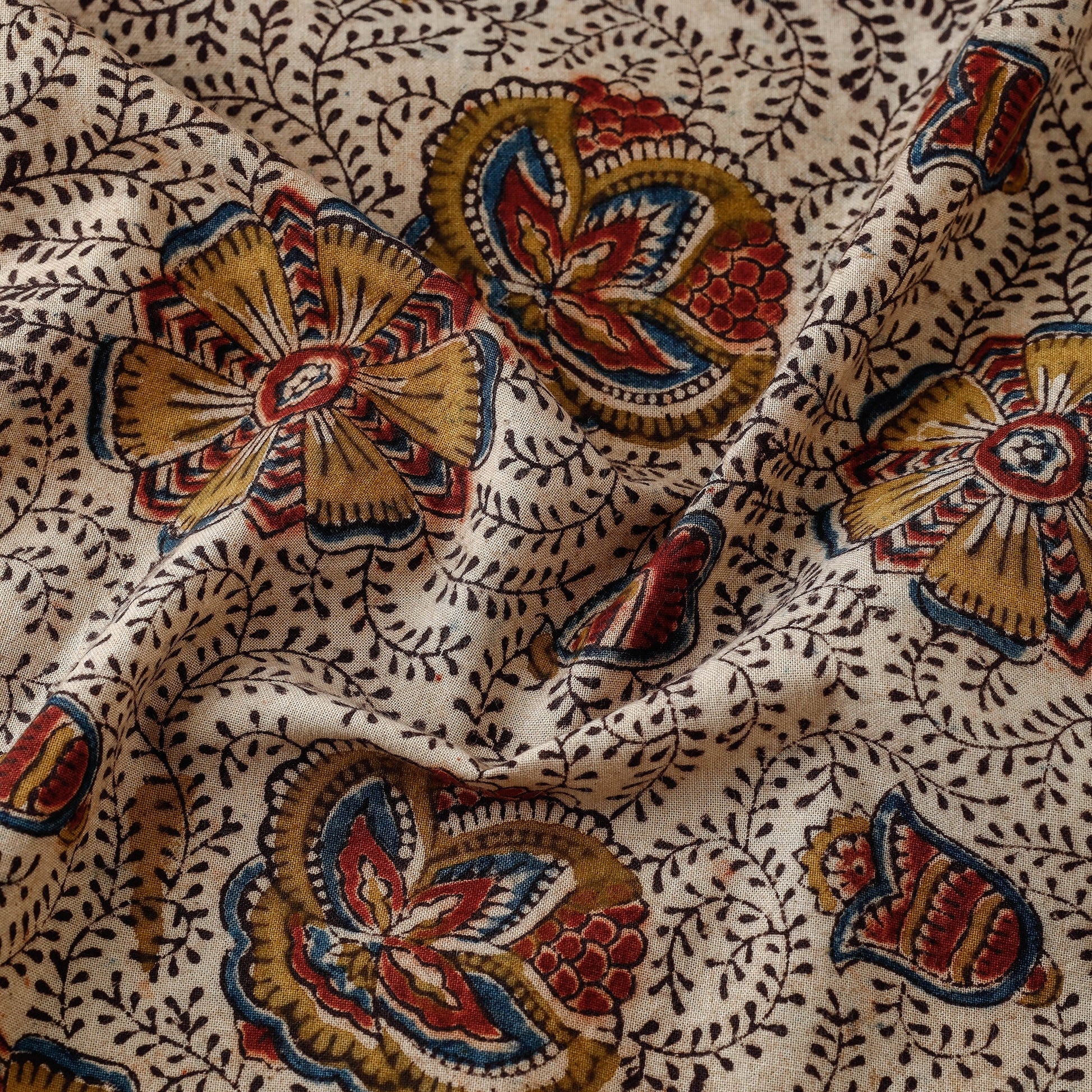 Beige - Pedana Kalamkari Hand Block Printed Cotton Fabric