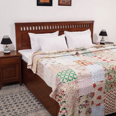 Beige - Khambadiya Patchwork Patola Silk Cotton Quilt / Gudri / Blanket