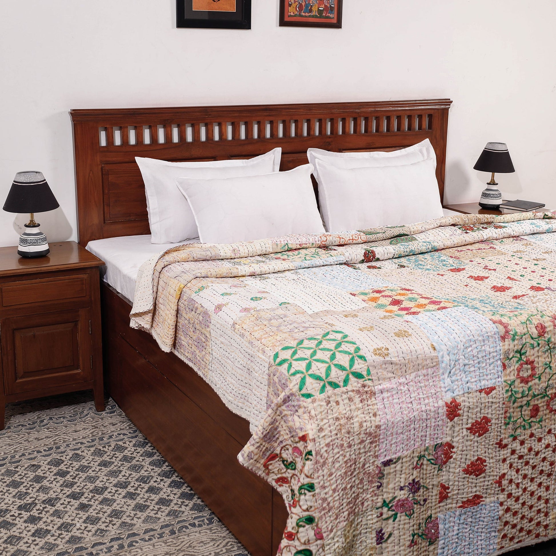 Beige - Khambadiya Patchwork Patola Silk Cotton Quilt / Gudri / Blanket